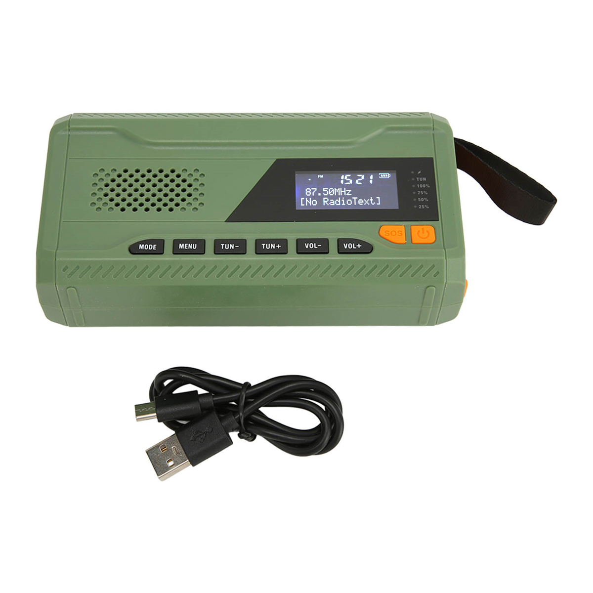 Grünes tragbares Radio mit Digitalanzeige, USB-Kabel und weißem Hintergrund.