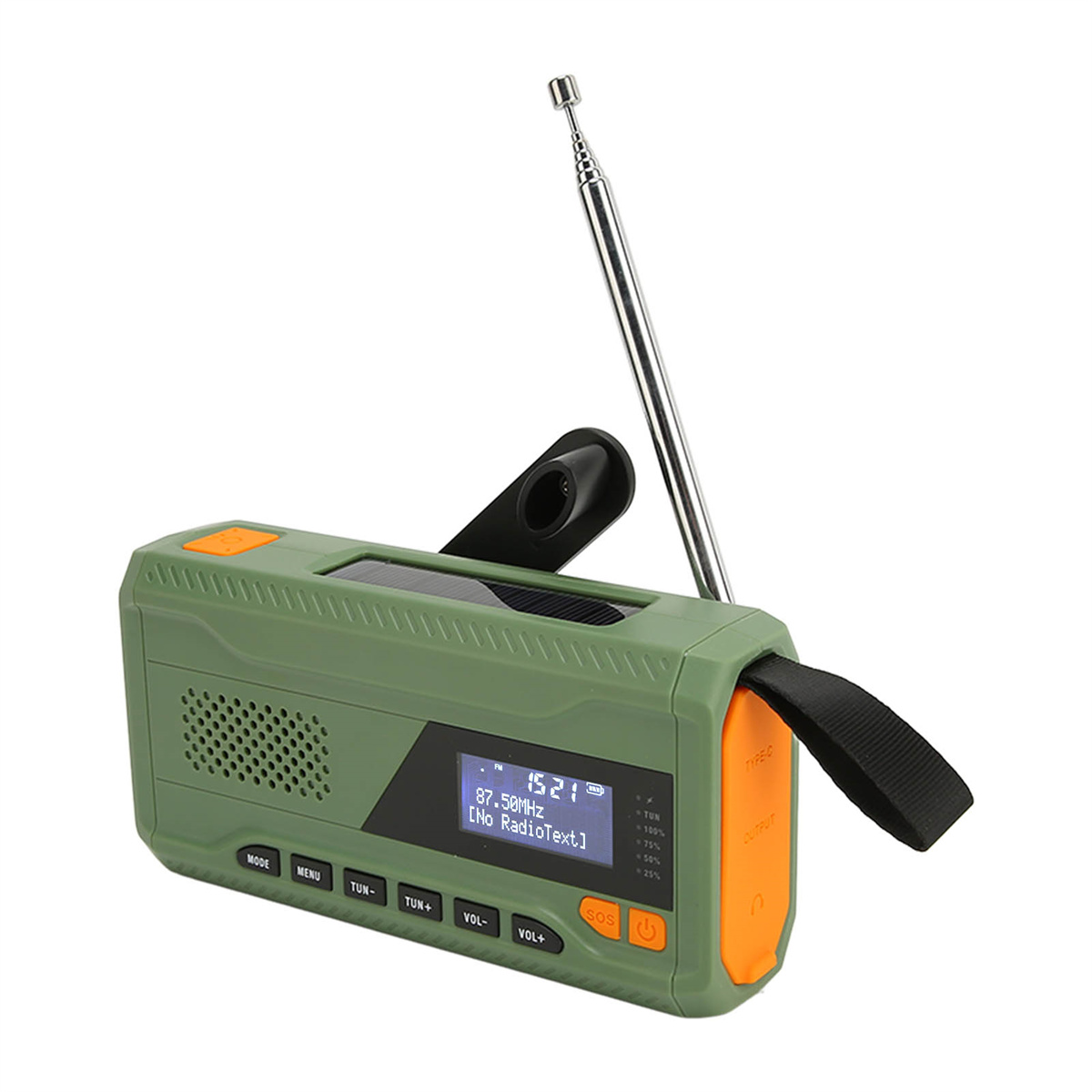 Grünes und oranges tragbares Radio mit Antenne, Solarpanel und Digitalanzeige.