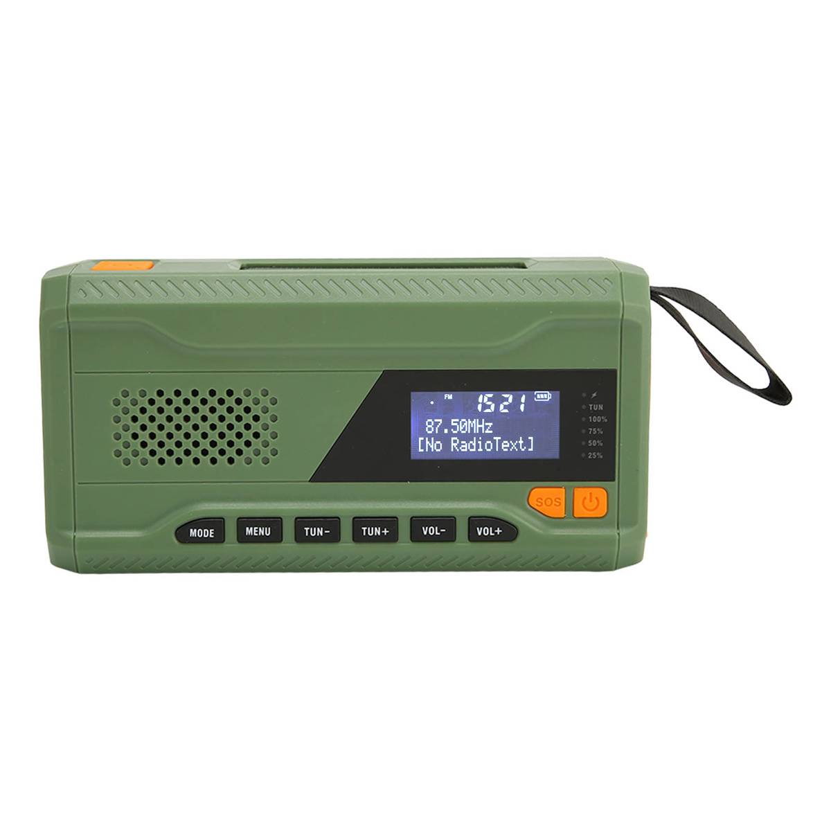 Grünes tragbares Radio mit Knöpfen und Display. Mit Griff und Zahlenanzeige.
