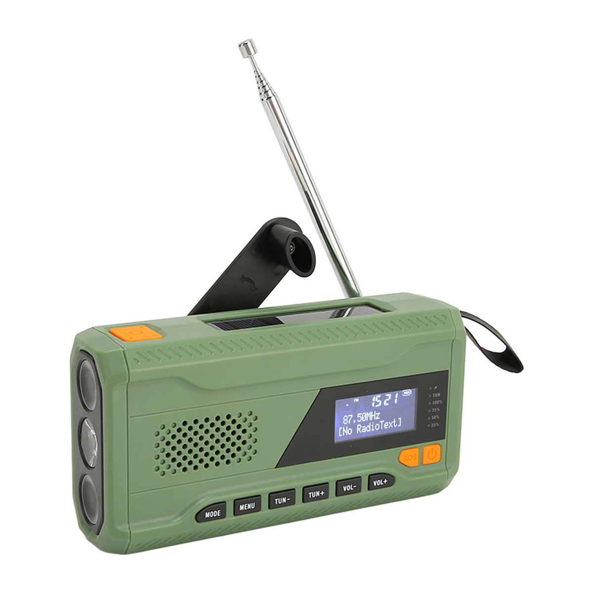 Grünes Handfunkgerät mit Antenne und Solarpanel, das ein Display zeigt.