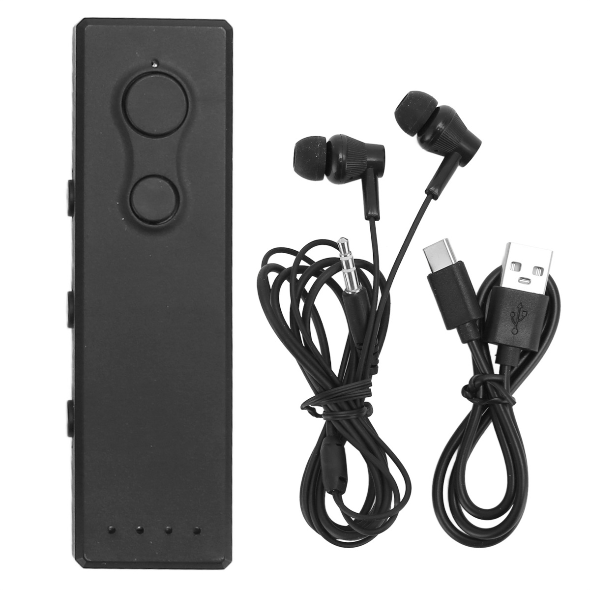 Schwarzes Kopfhörerset mit Ladestation und zwei Ohrhörern. Kabel sind angebracht.