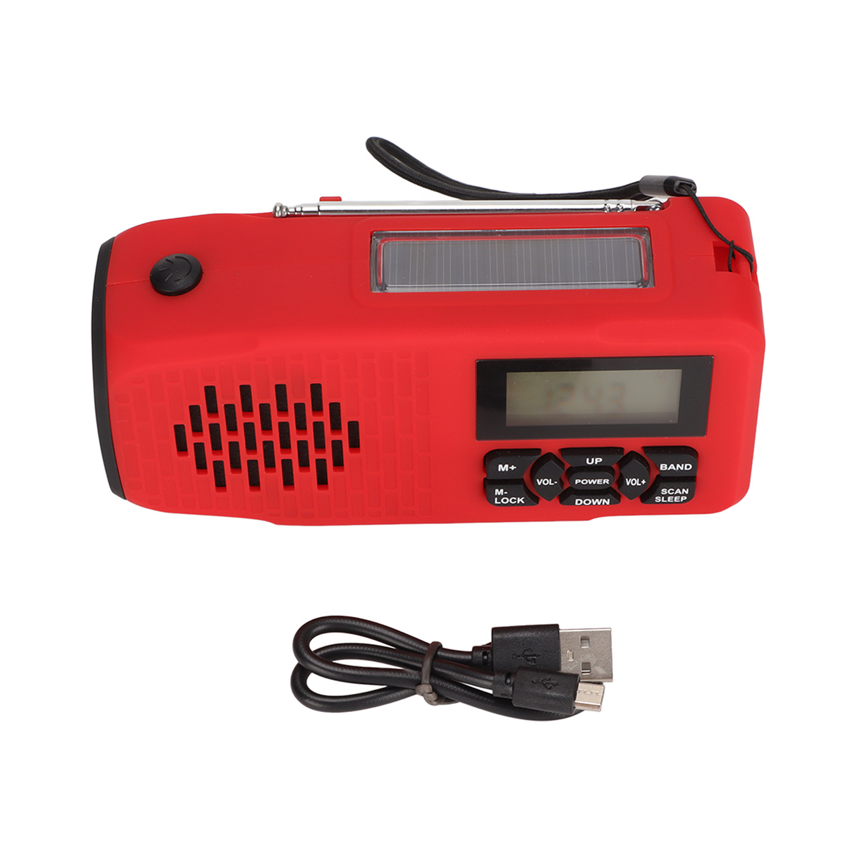 Rotes Notfallradio mit Solarpanel, Bildschirm und Knöpfen, mit USB-Kabel.
