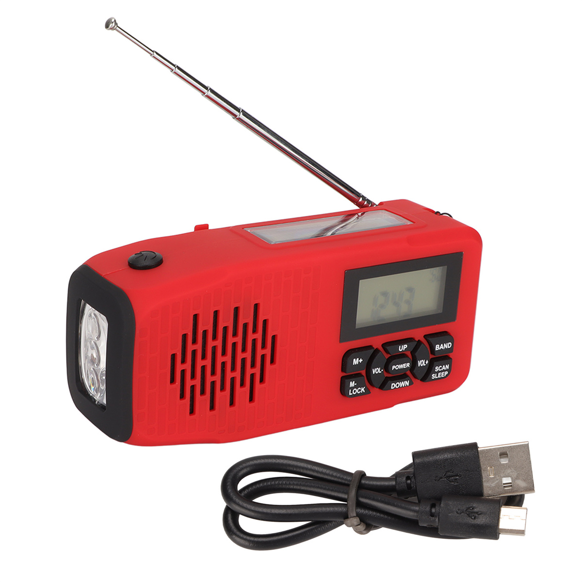 Ein rotes Notfallradio mit Taschenlampe und Ladekabel.