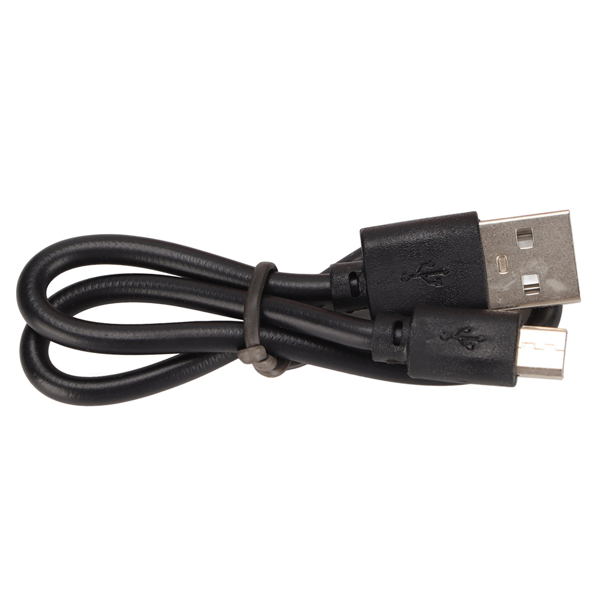 Ein schwarzes USB-Ladekabel mit einem USB- und einem Micro-USB-Anschluss.