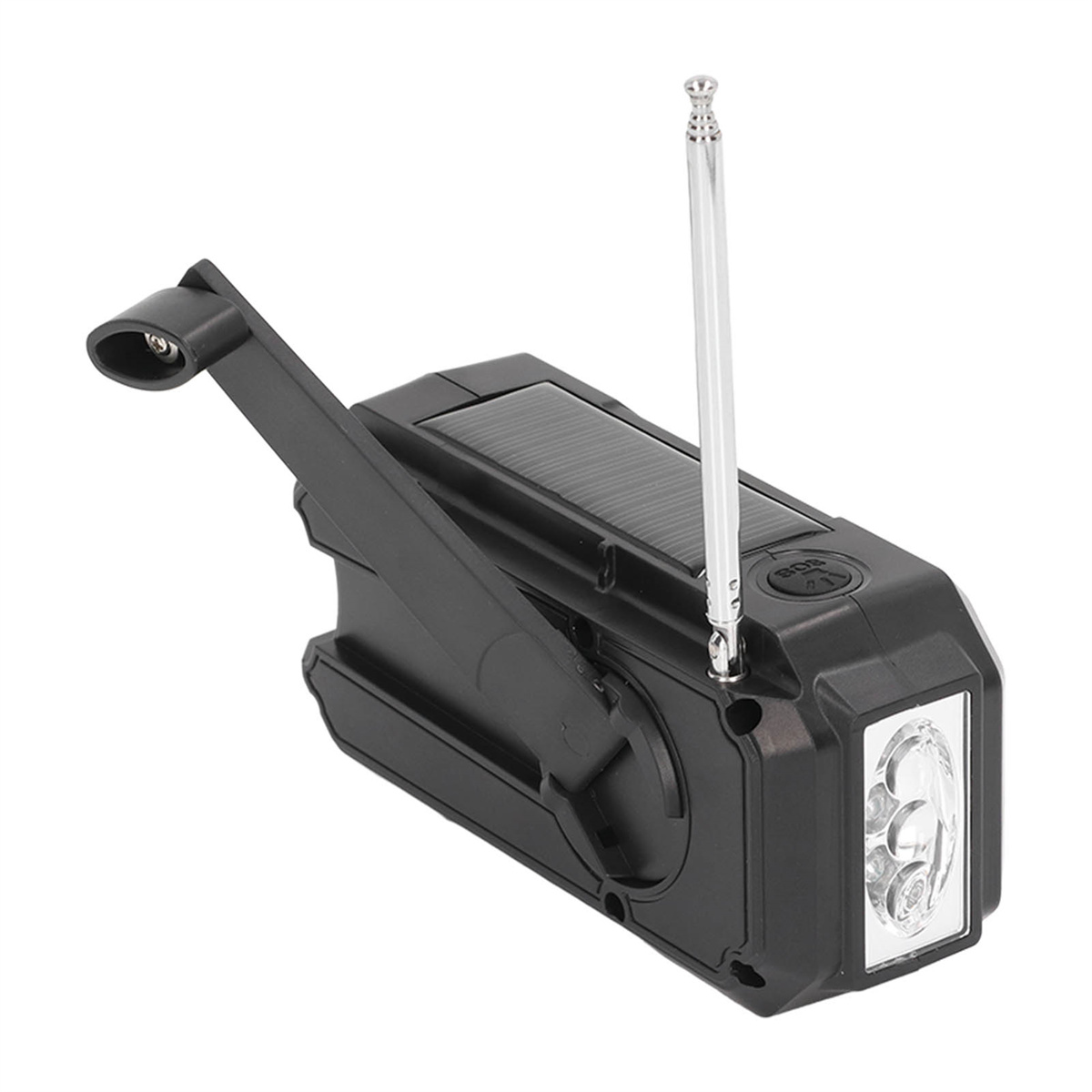 Schwarzes Solar-Radio mit Kurbel und Antenne. Weißer Hintergrund.