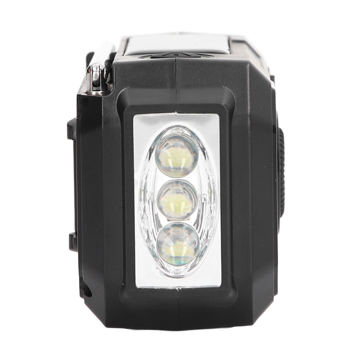 Schwarze Taschenlampe mit drei hellen LEDs.