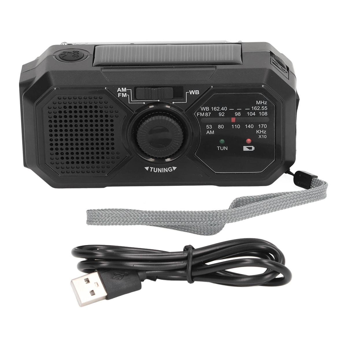 Schwarzes, solarbetriebenes Radio mit Abstimmrad und USB-Kabel.