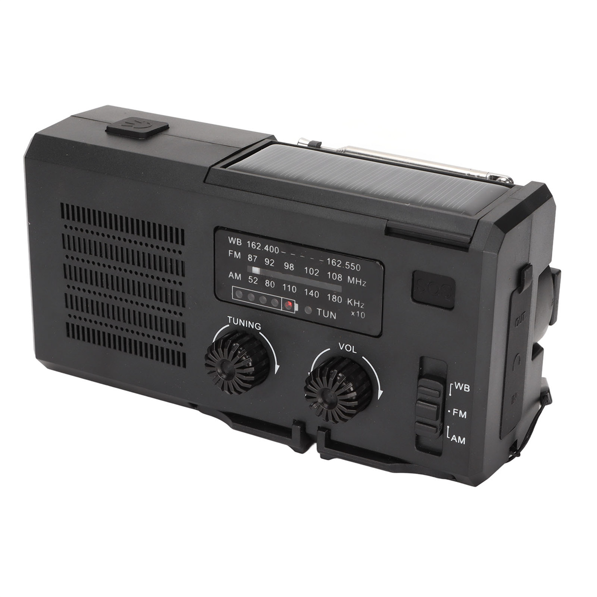 Schwarzes solarbetriebenes Radio mit Knöpfen und Digitalanzeige, mit weißem Hintergrund.