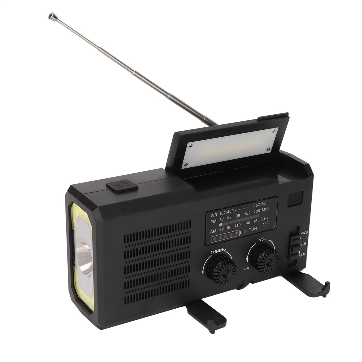Schwarzes, kompaktes, multifunktionales Radio mit Antenne, Taschenlampe und Solarpanel auf weißem Hintergrund.