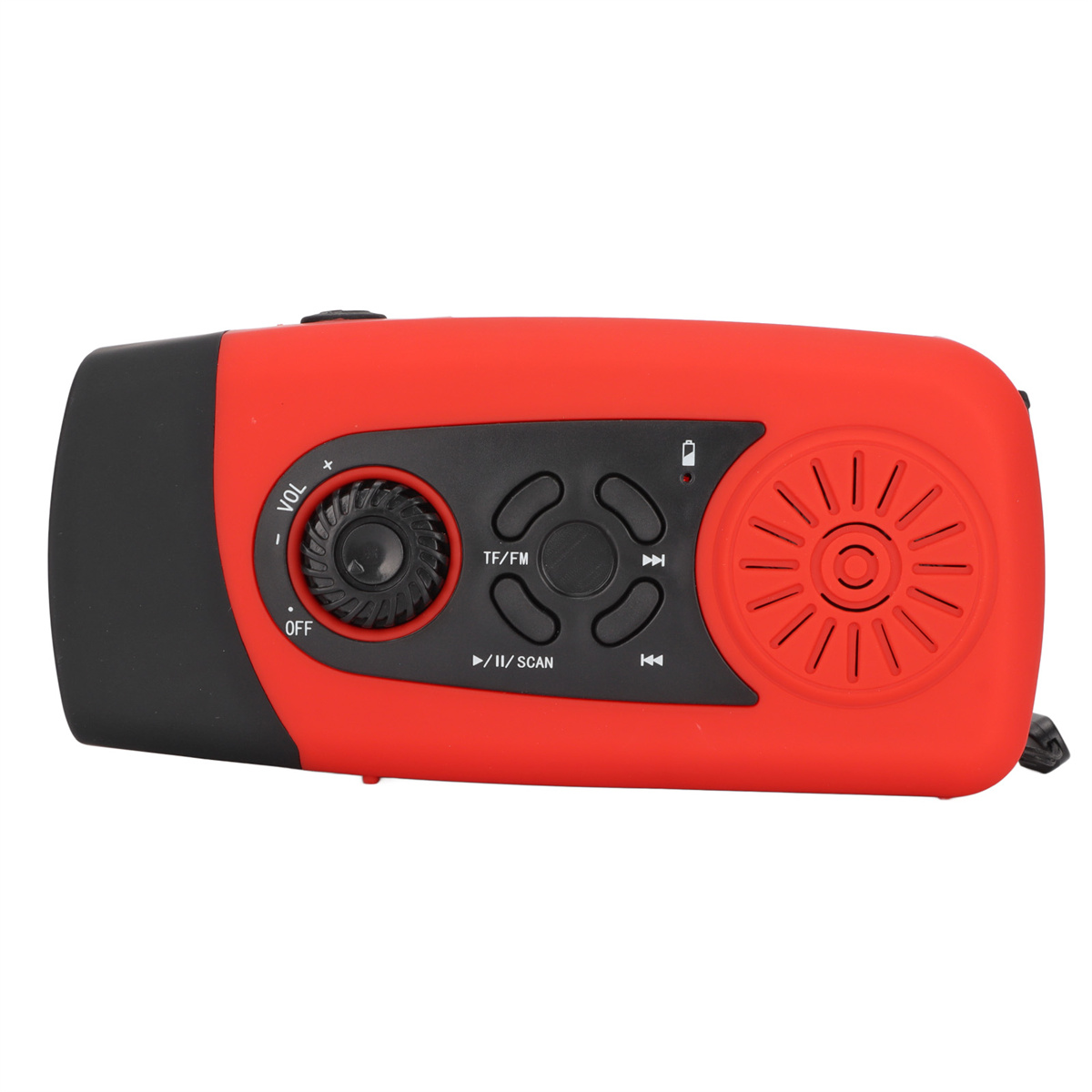 Ein rotes und schwarzes Radio mit einem Drehknopf, Tasten und einem Lautsprecher. Der Lautsprecher hat ein kreisförmiges Design.