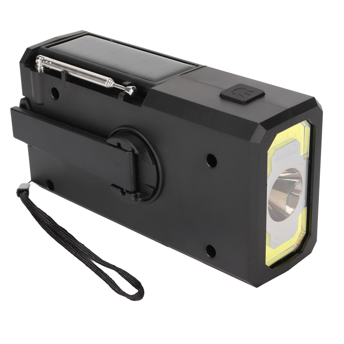 Eine schwarze, solarbetriebene Taschenlampe mit ausziehbarer Antenne.
