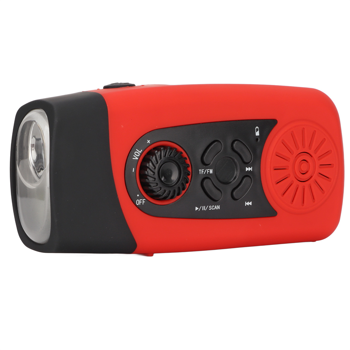 Ein rotes Taschenlampenradio mit schwarzer Front und weißen Knöpfen. Es hat einen Griff.