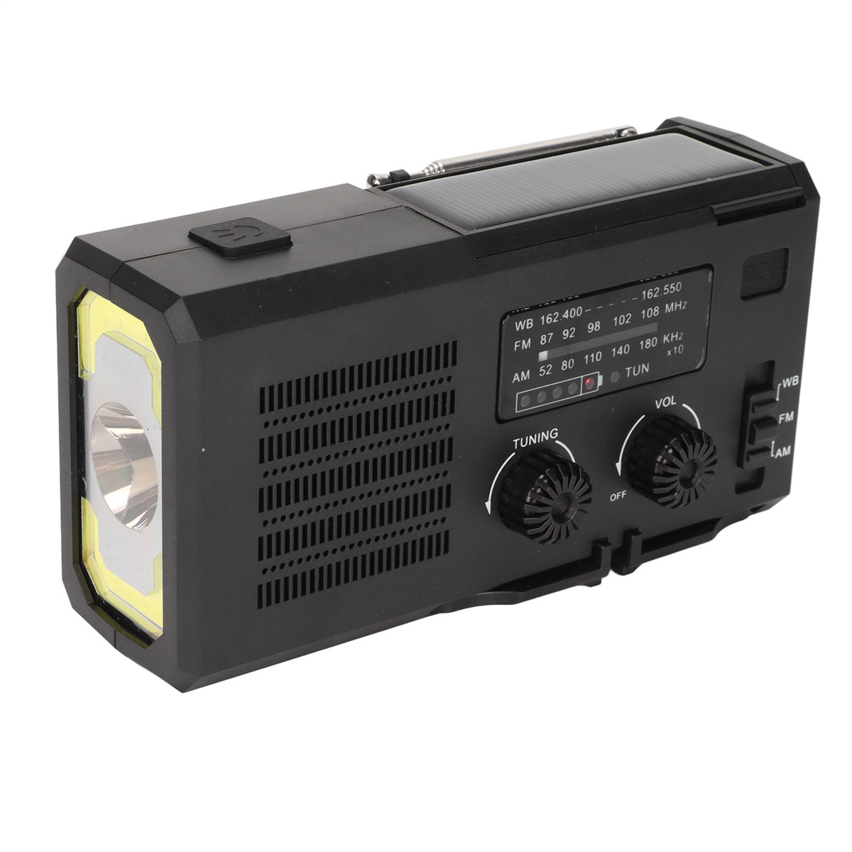 Schwarzes Radio mit Taschenlampe, Solarpanel und Drehknöpfen.