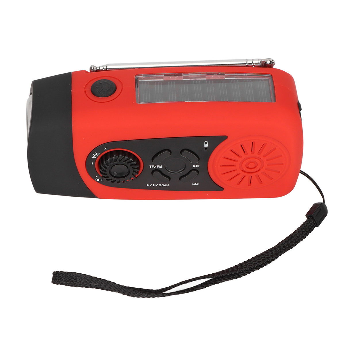 Rotes und schwarzes Handkurbelradio mit Solarpanel und Trageriemen.