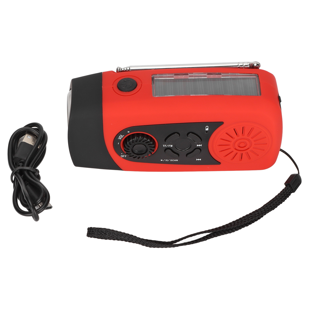 Rotes und schwarzes Solar-Radio mit USB-Kabel. Verfügt über ein kleines Solarpanel.