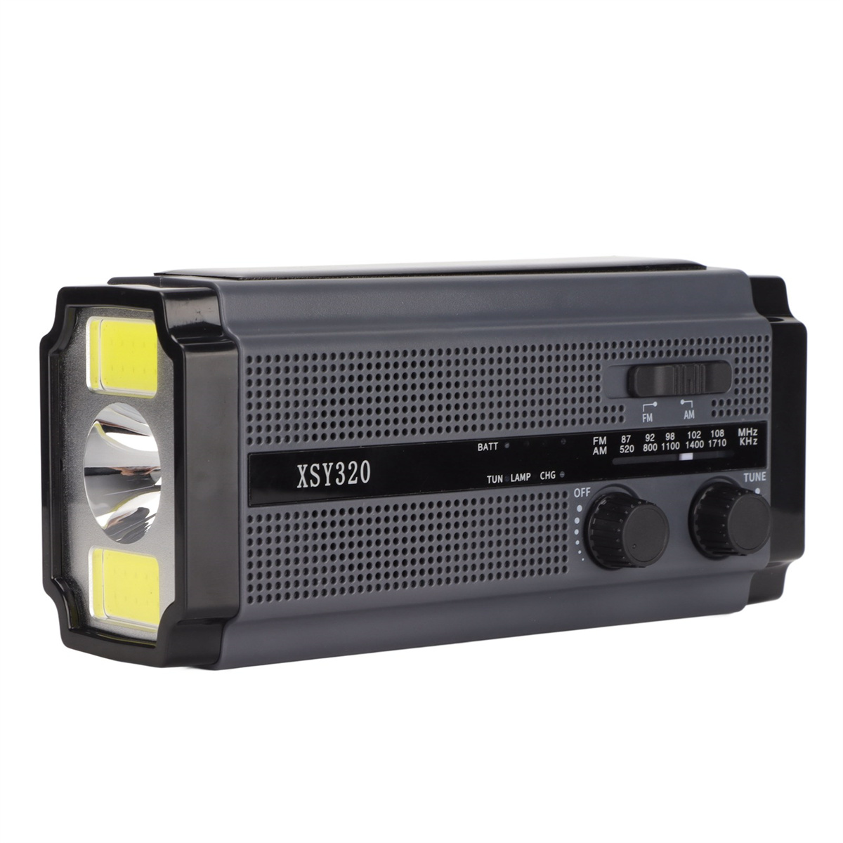 Ein graues rechteckiges Radio mit Taschenlampe und Knöpfen. Es hat ein Solarpanel.