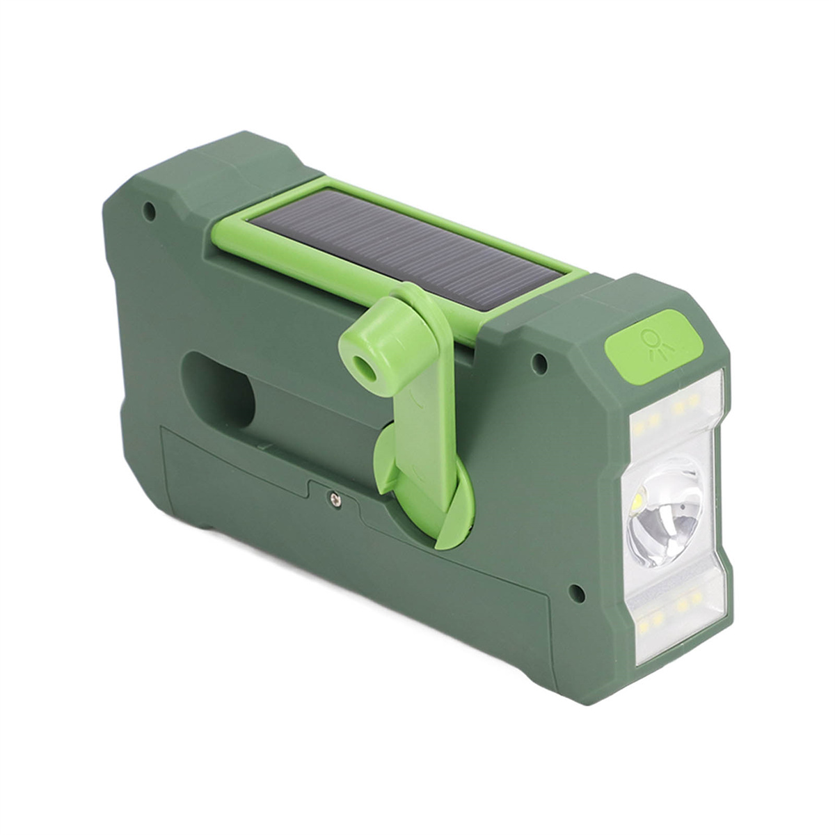 Grüne Handkurbel-Solar-Taschenlampe. Merkmale: Solarpanel und Kurbelgriff.