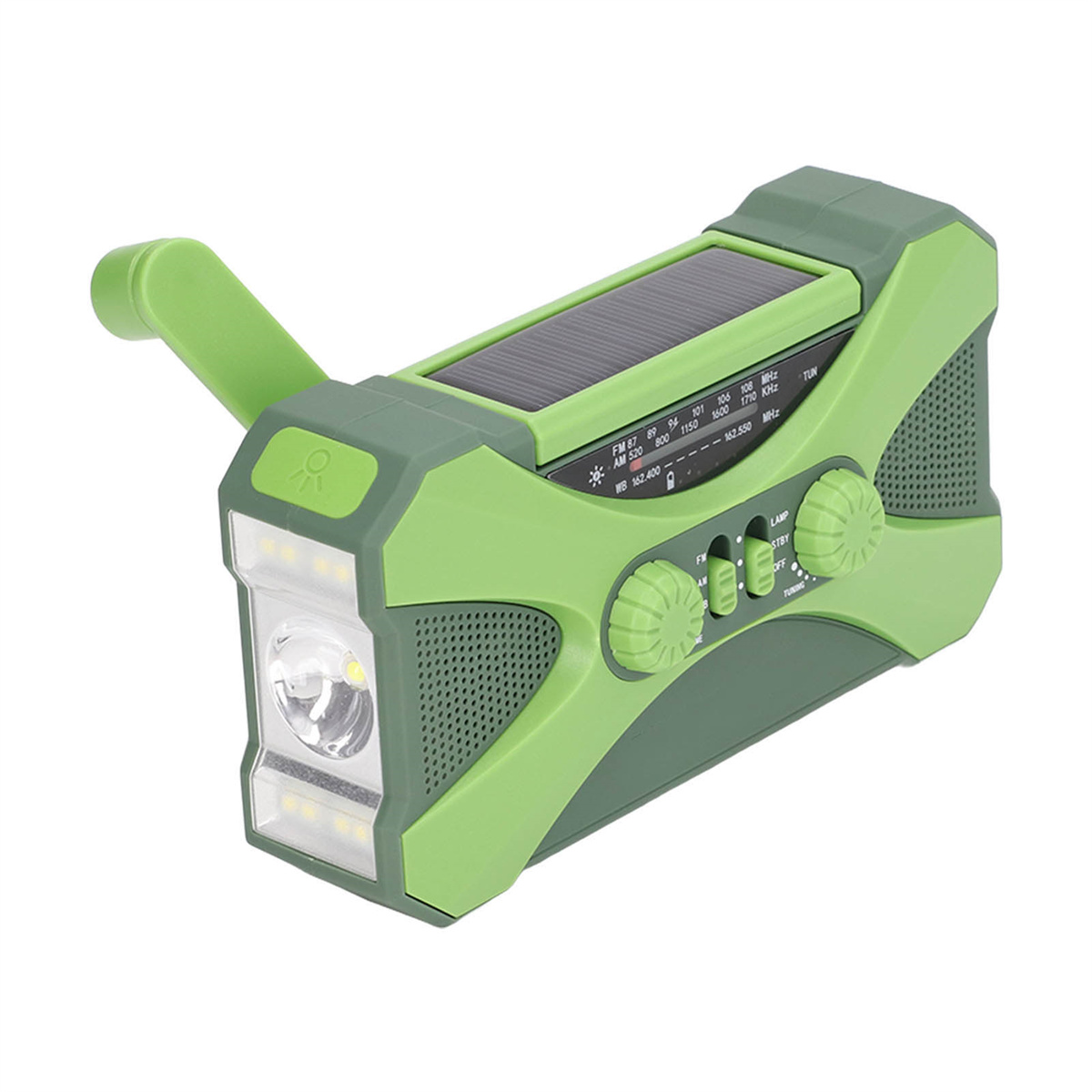 Grünes und schwarzes Kurbelradio mit Solarpanel und Taschenlampe, auf weißem Hintergrund.