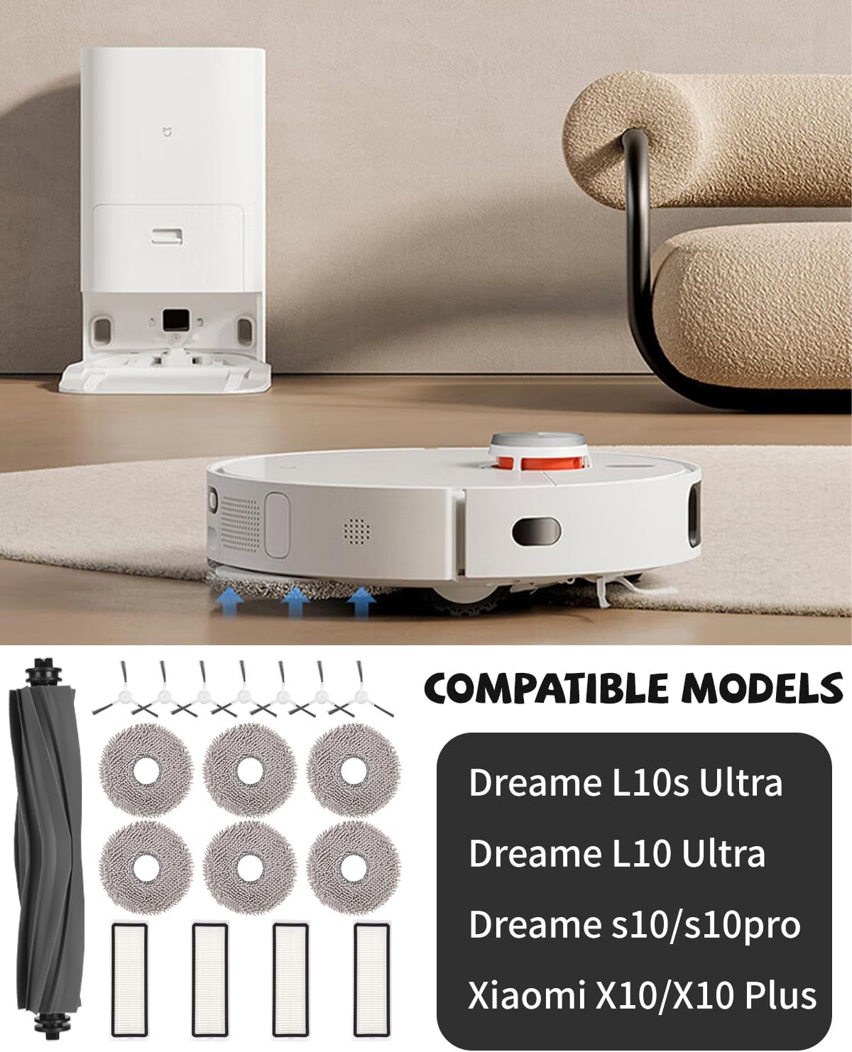 Biały odkurzacz robot z akcesoriami. Zawiera wałek szczotki, pady czyszczące i filtry. Wymieniono kompatybilne modele.