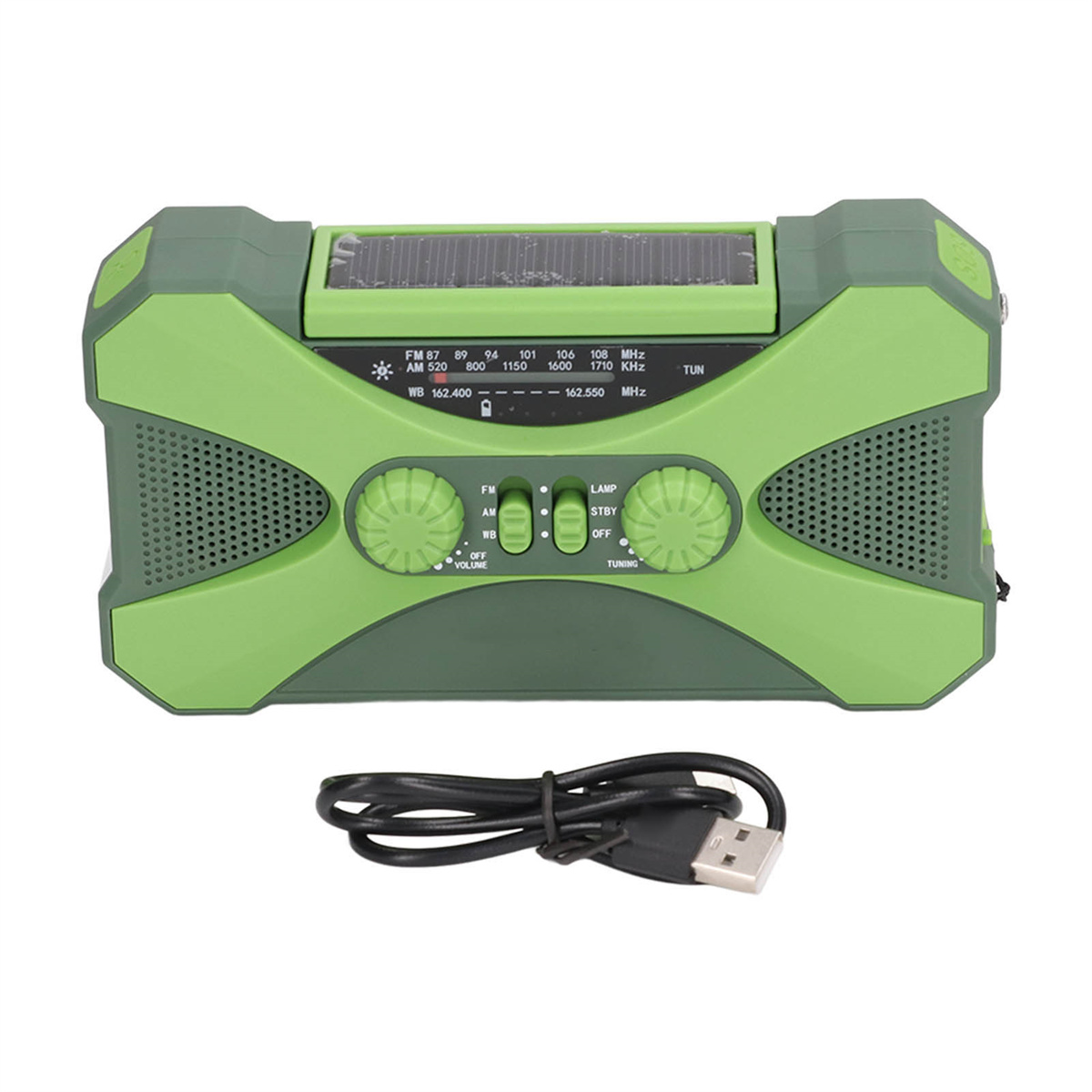 Ein grünes und schwarzes solarbetriebenes Radio mit Einstellrädern und einem USB-Ladekabel. Das Radio hat ein Solarpanel.