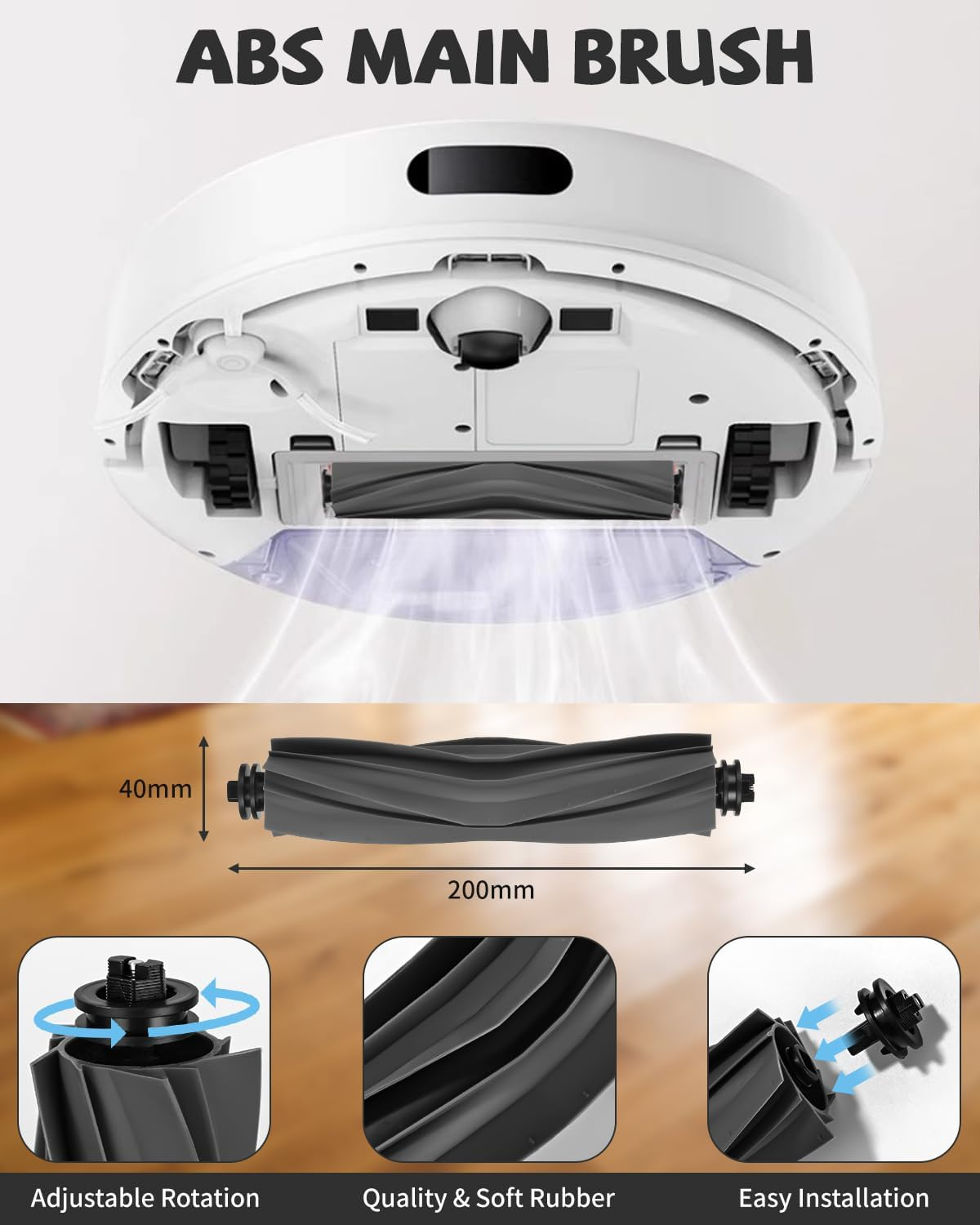 Biało-czarny odkurzacz automatyczny ze szczotką i dodatkowymi częściami.