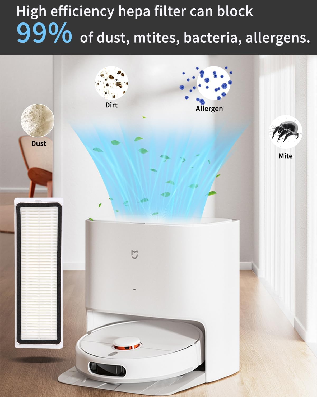 Robotyczny odkurzacz z filtrem. Obraz pokazuje cząsteczki zablokowane przez filtr i kurz.