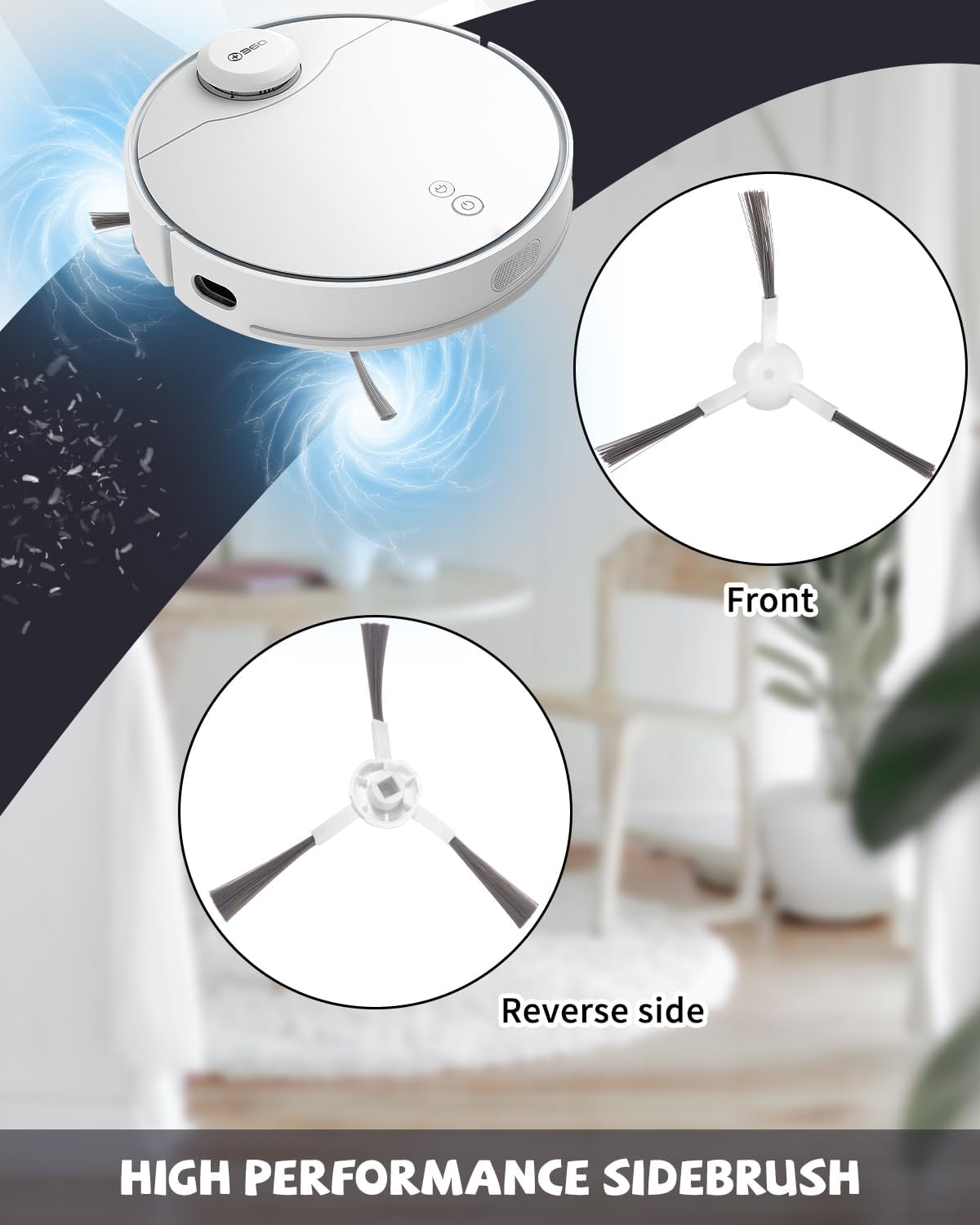 Biały odkurzacz robot z szczotkami bocznymi i szczegółami.
