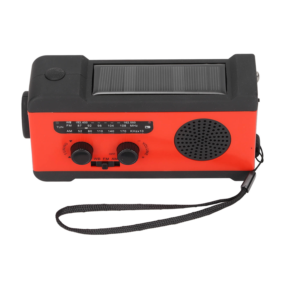Rotes und schwarzes Radio mit Solarpanel, Drehknöpfen und Trageriemen.