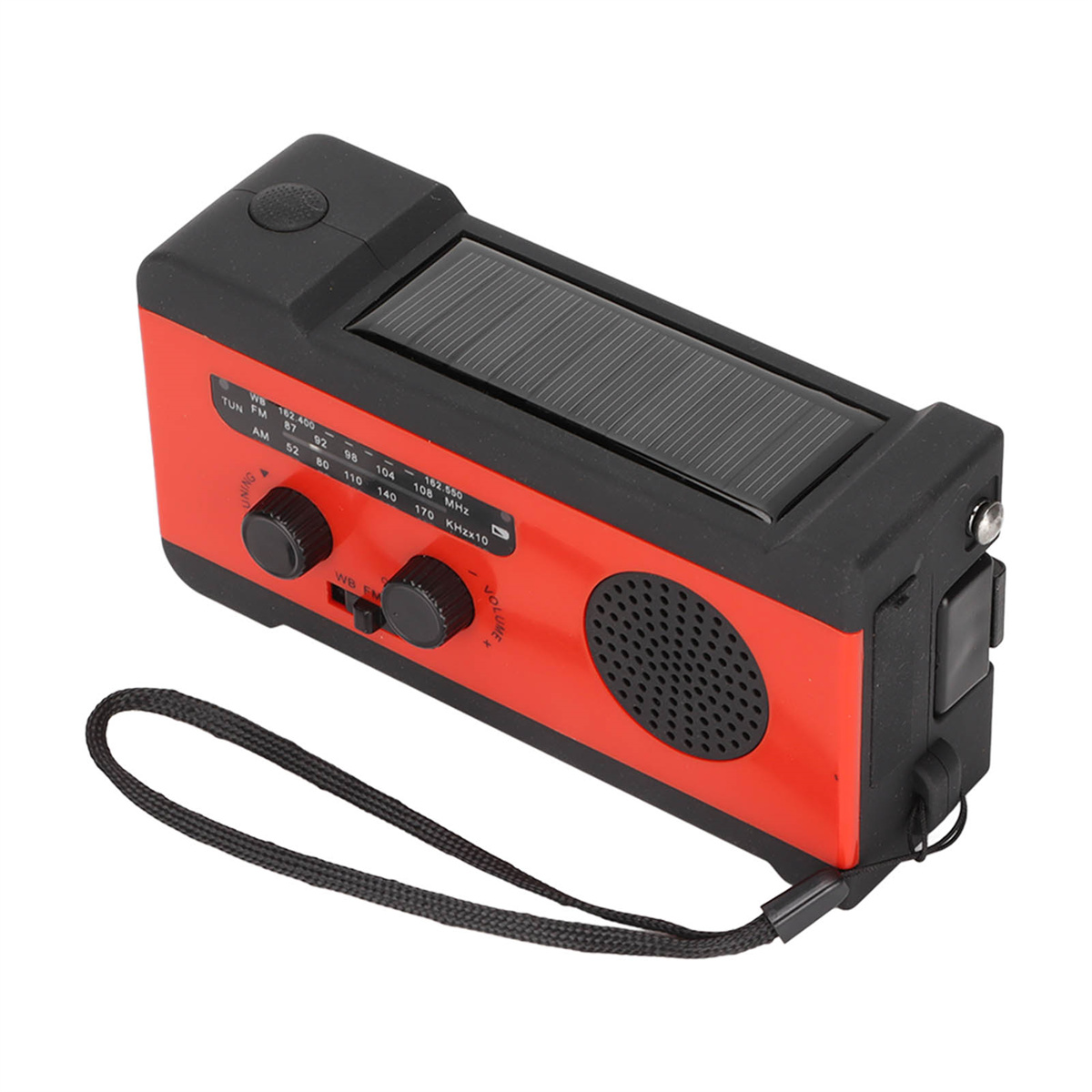 Rotes und schwarzes Notfallradio mit Solarpanel und Handschlaufe.