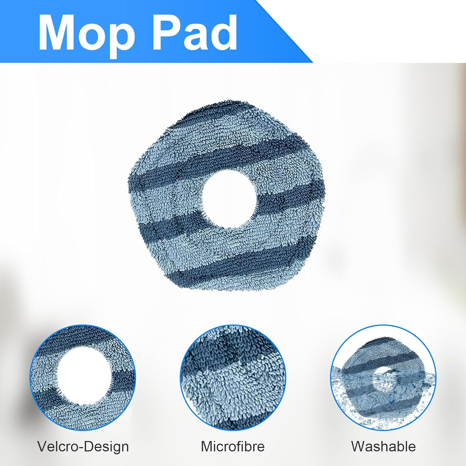 Runder blauer Mopp-Pad mit drei Detailbildern: Klettverschluss-Design, Mikrofaser und waschbar.