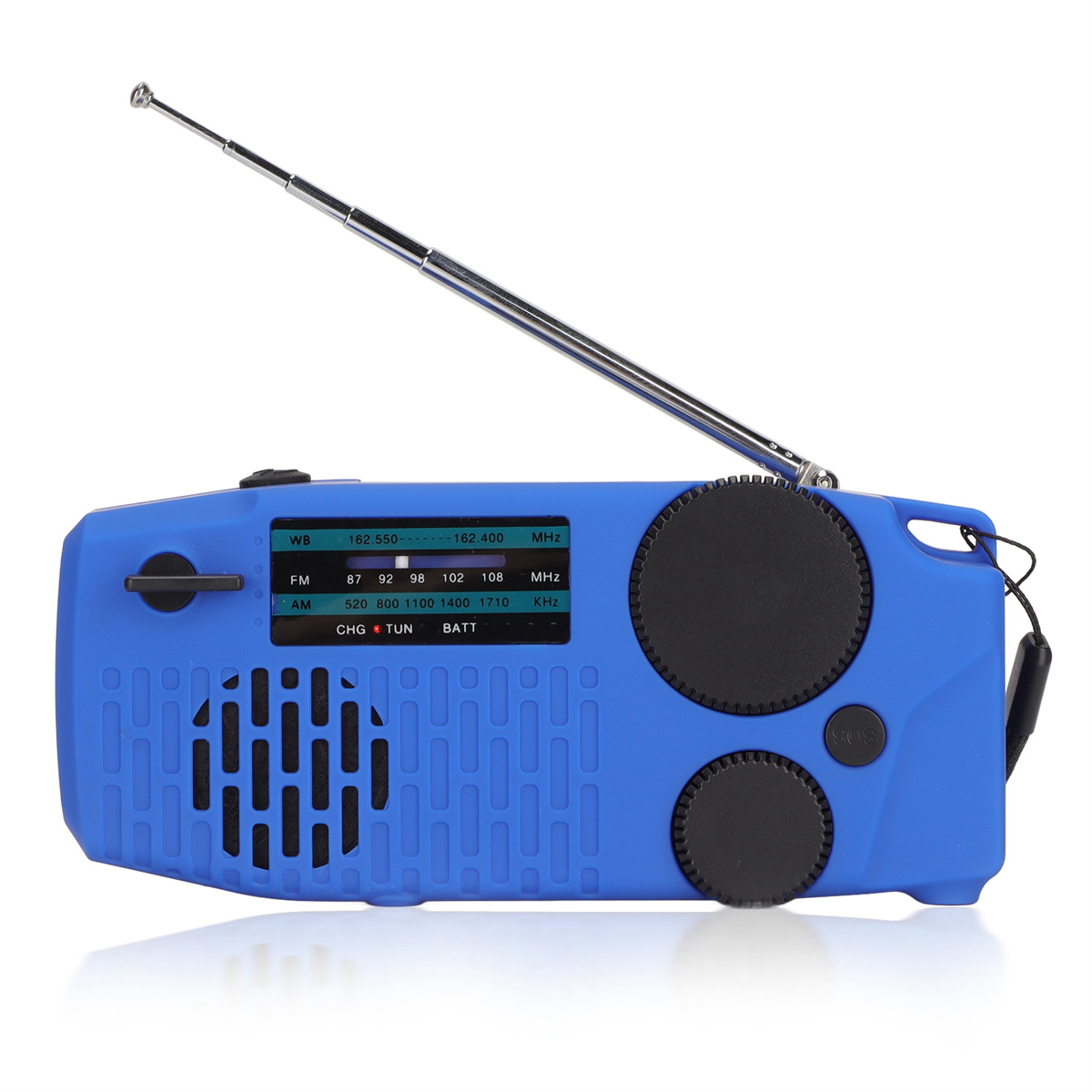 Blaues tragbares Radio mit Antenne und Bedienelementen.