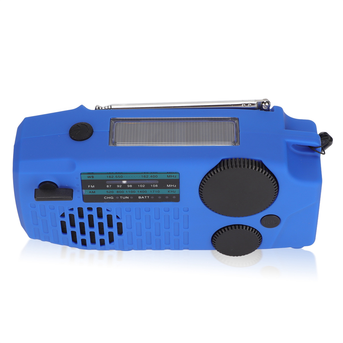 Ein blaues Notfallradio mit Solarpanel. Es hat mehrere Knöpfe und einen Griff.