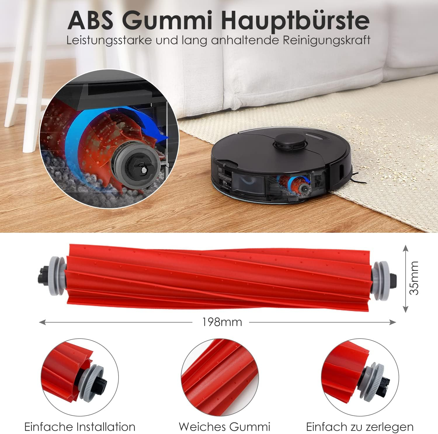 Robot odkurzający, szczotka rolkowa i tekst na białym tle. Szczotka jest czerwona.