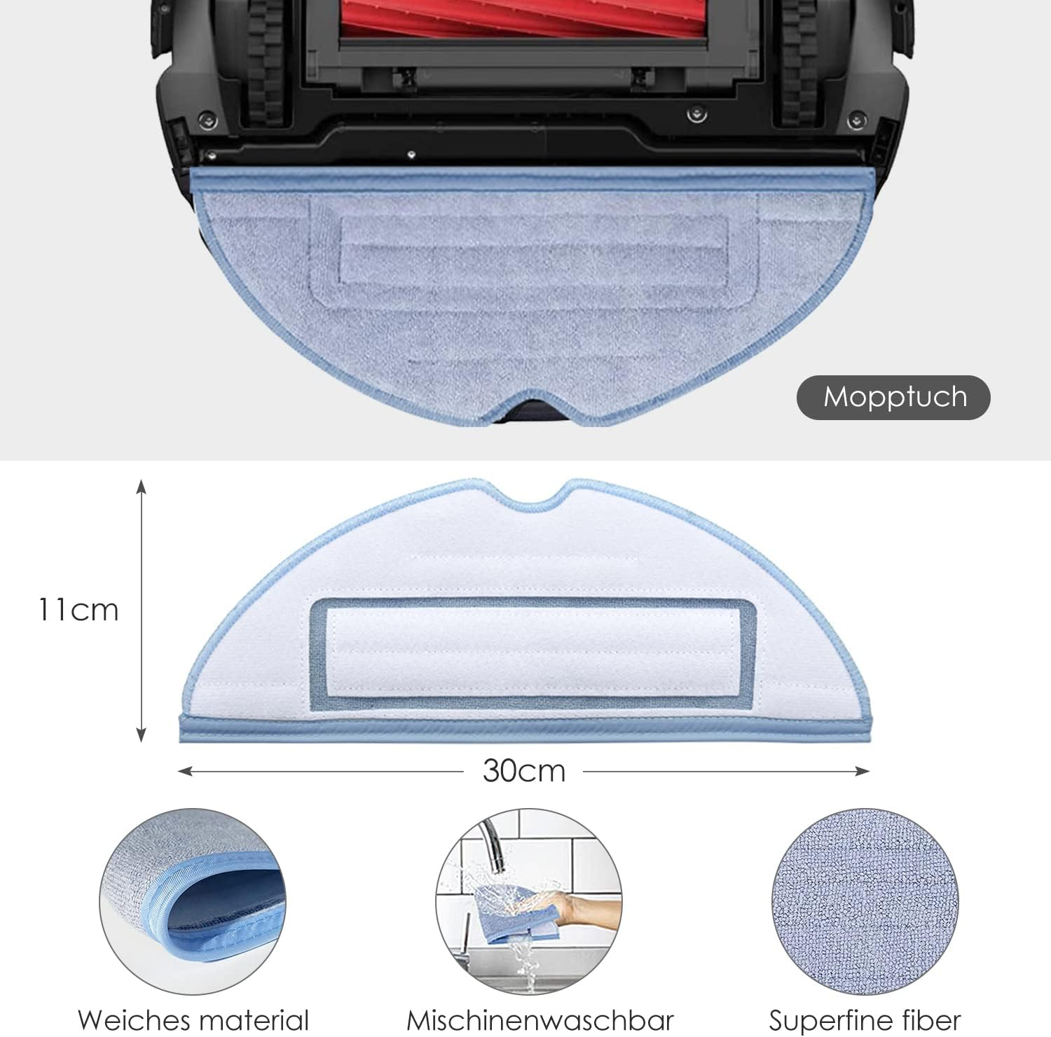 Nakładka do mopowania robota odkurzającego z wymiarami i funkcjami oraz szczegółami nakładki.