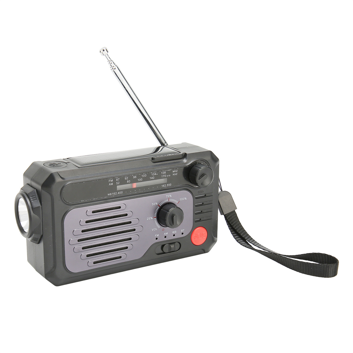 Schwarz-graues Radio mit Taschenlampe und Antenne. Es hat einen roten Knopf.