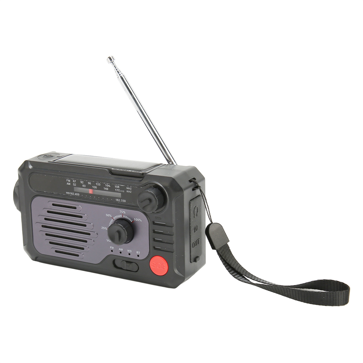 Schwarzes und graues tragbares Radio mit Antenne, Bedienelementen und Trageschlaufe.