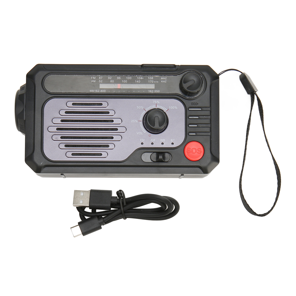 Schwarz-graues Radio mit Drehknopf und USB-Kabel auf weißem Hintergrund.