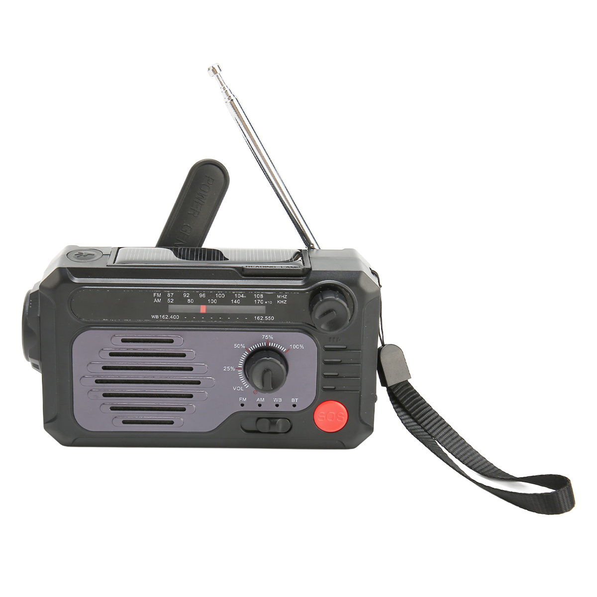 Ein grau-schwarzes Radio mit einem Drehknopf, Tasten und einer ausziehbaren Antenne. Es hat eine Handschlaufe.