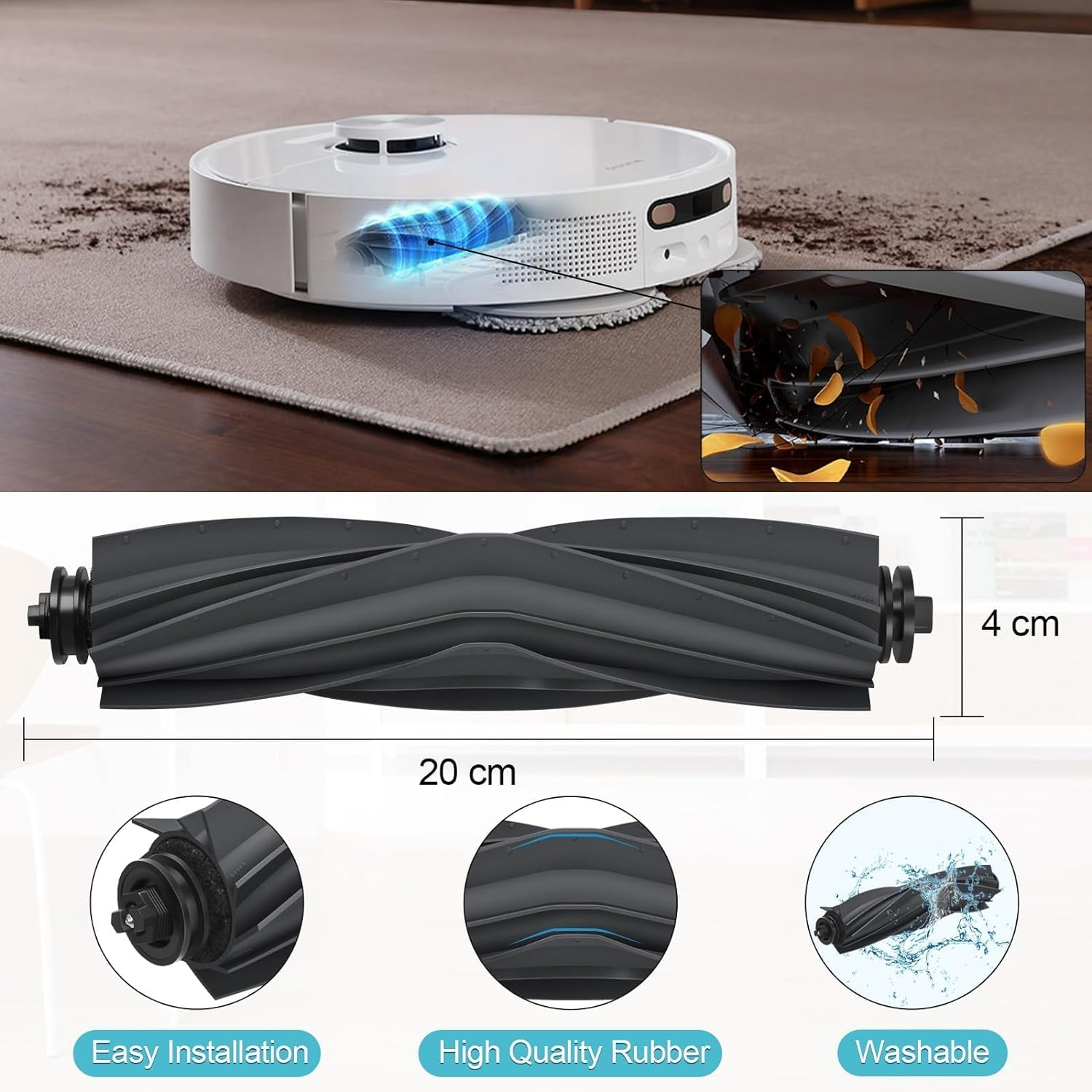 Robot sprzątający czyszczący dywan. Zawiera zbliżenia szczotki i szczegóły.