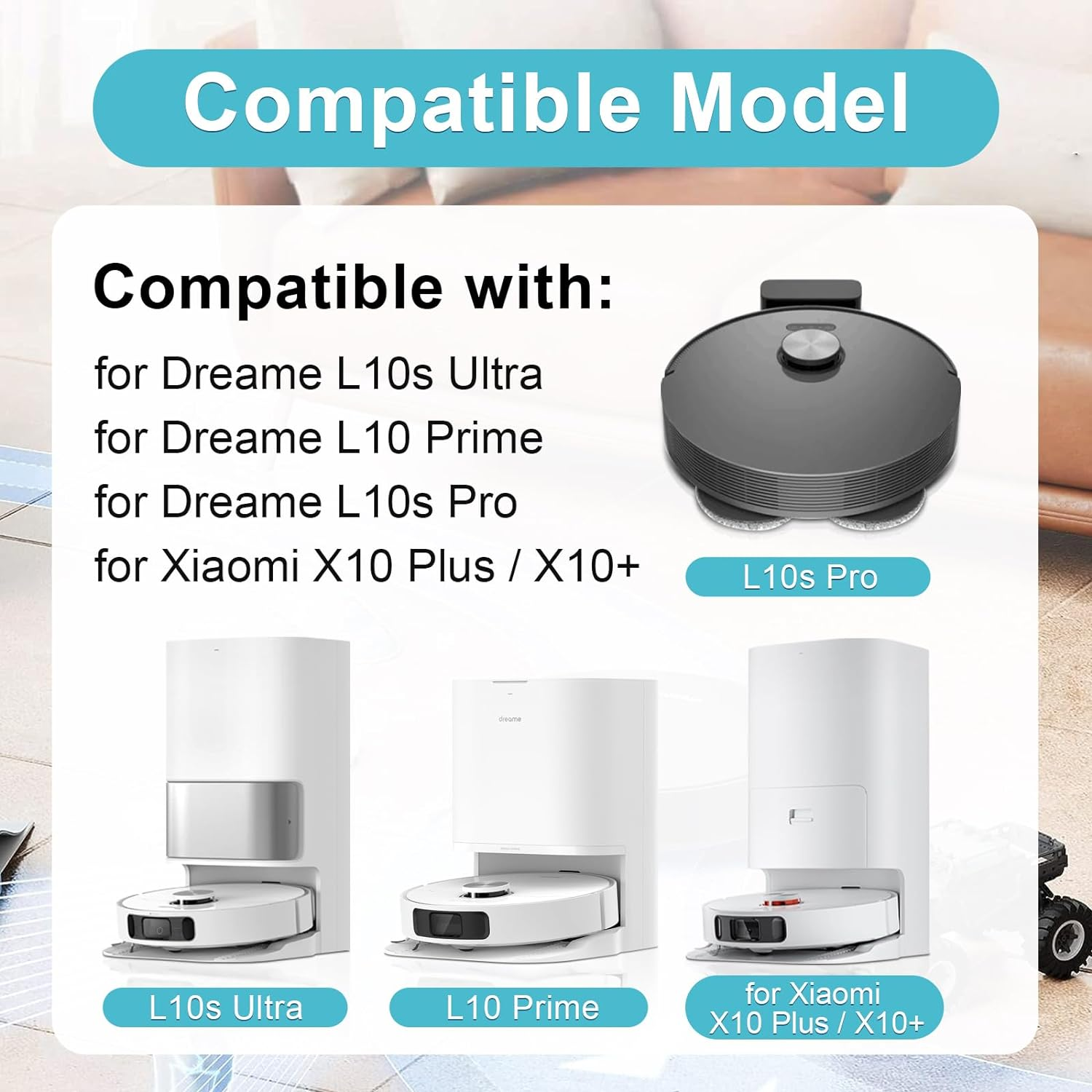 Diagram przedstawiający modele robotów sprzątających z tekstem, w tym Dream L10s Ultra, L10 Prime i X10 Plus.