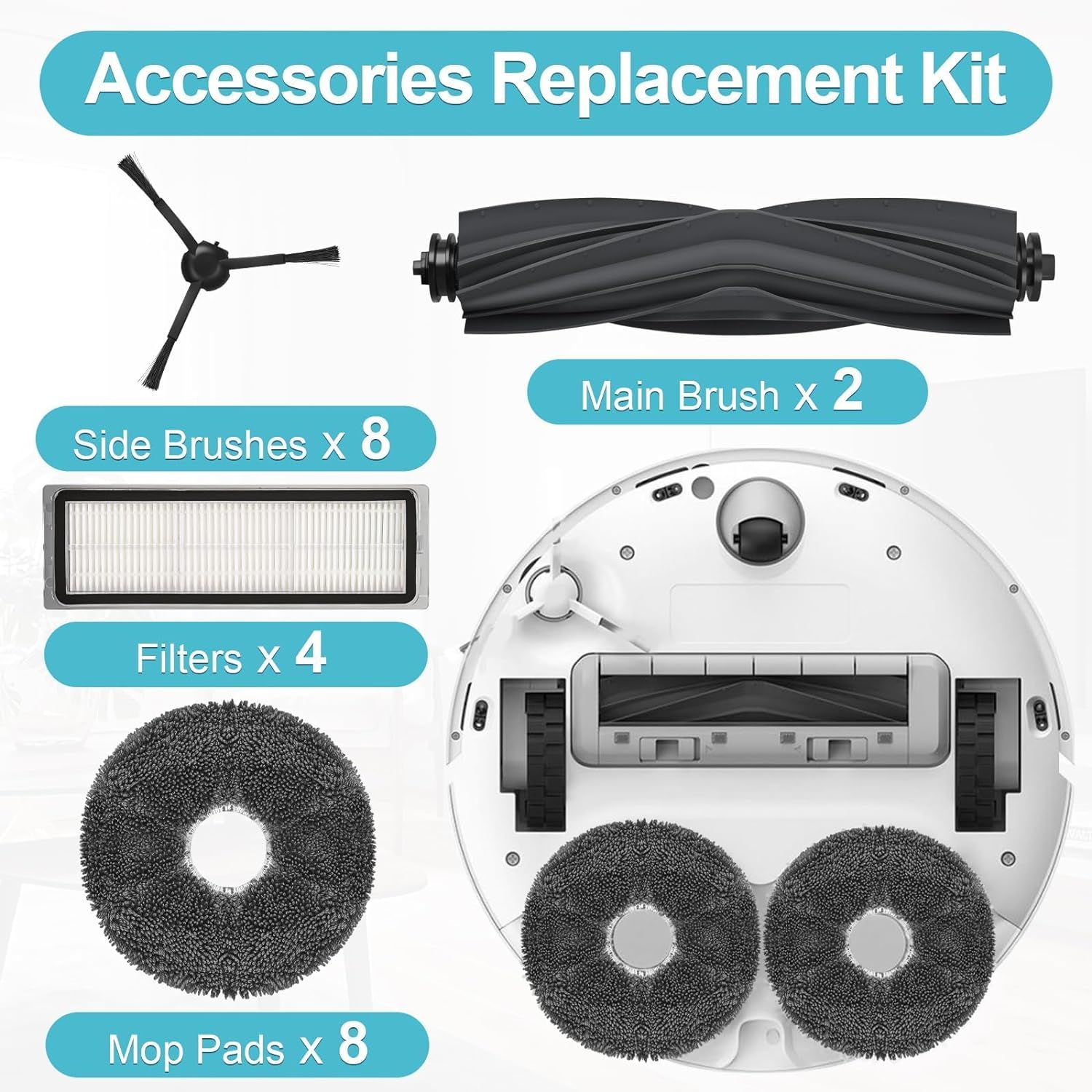 Części robota sprzątającego. Zawiera szczotki, filtry i nakładki do mopowania, wraz z podstawą robota.