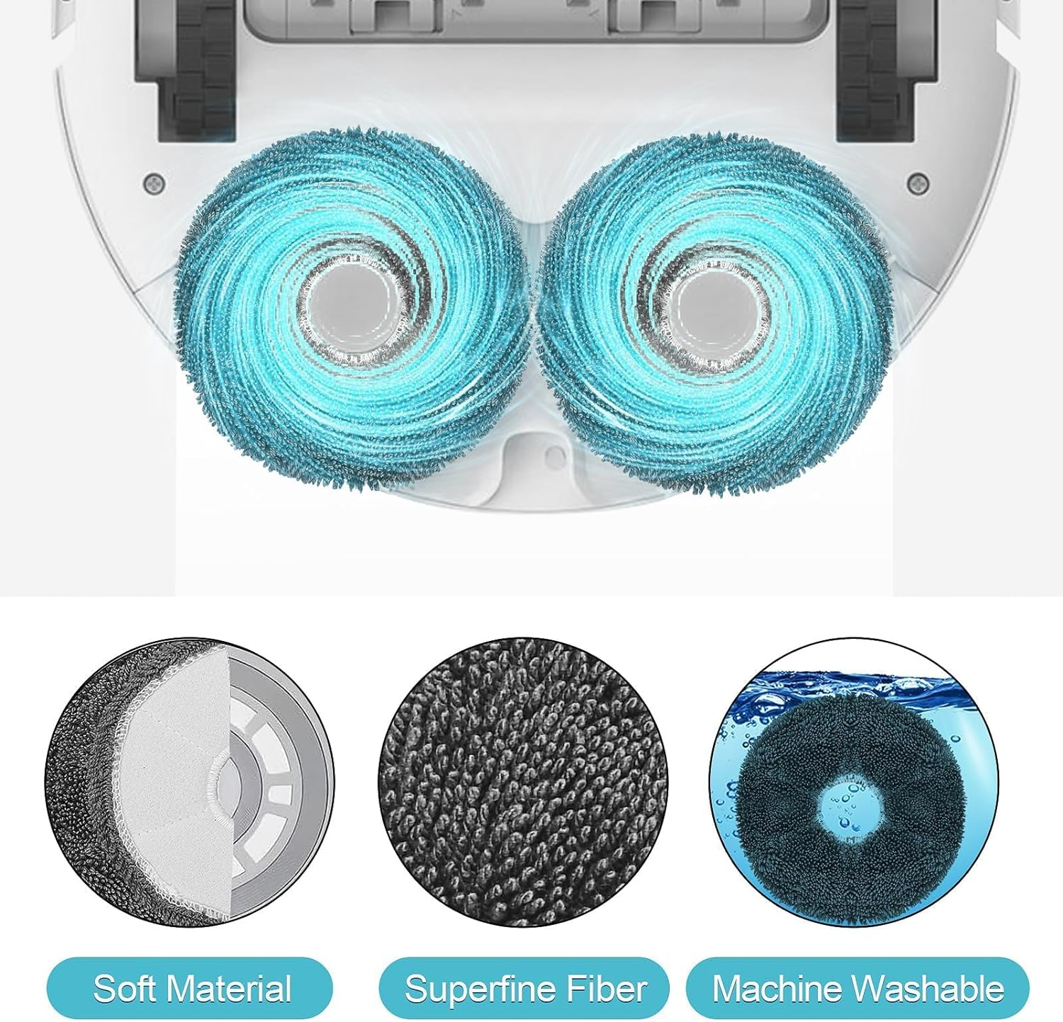 Zbliżenie robota odkurzającego z dwiema obracającymi się niebieskimi szczotkami. Pokazano szczegóły materiałów.