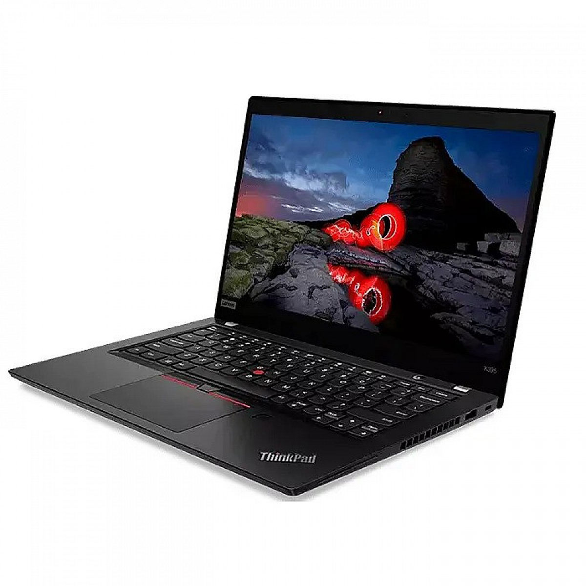 Black Lenovo ThinkPad laptop. Open on a desk, displaying a dark, abstract image on the screen.