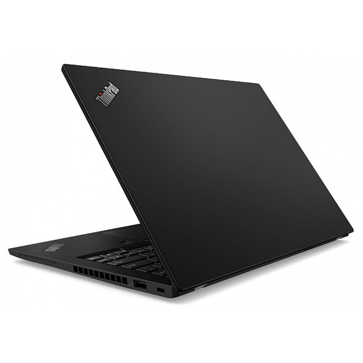 Black laptop with the lid slightly open, showing the keyboard and ThinkPad logo.
