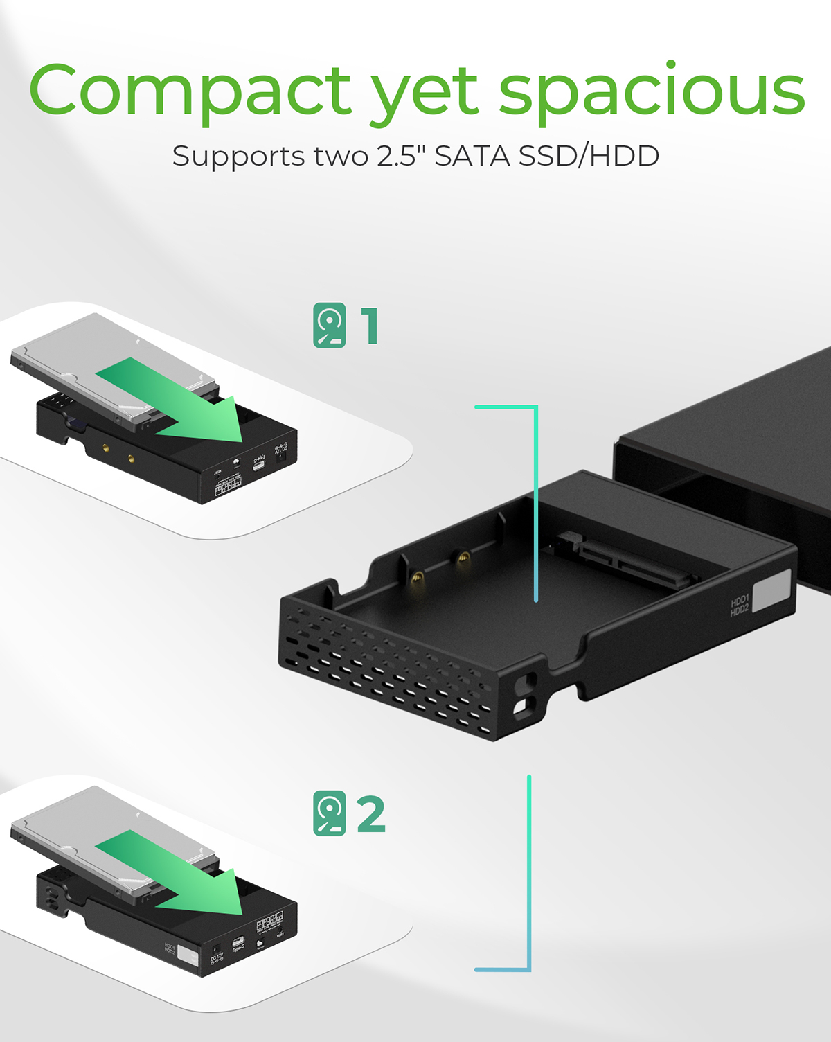 Schwarzes Festplattengehäuse mit zwei offenen Schächten, Diagramm zeigt HDD-Einführung, grüne Pfeile.