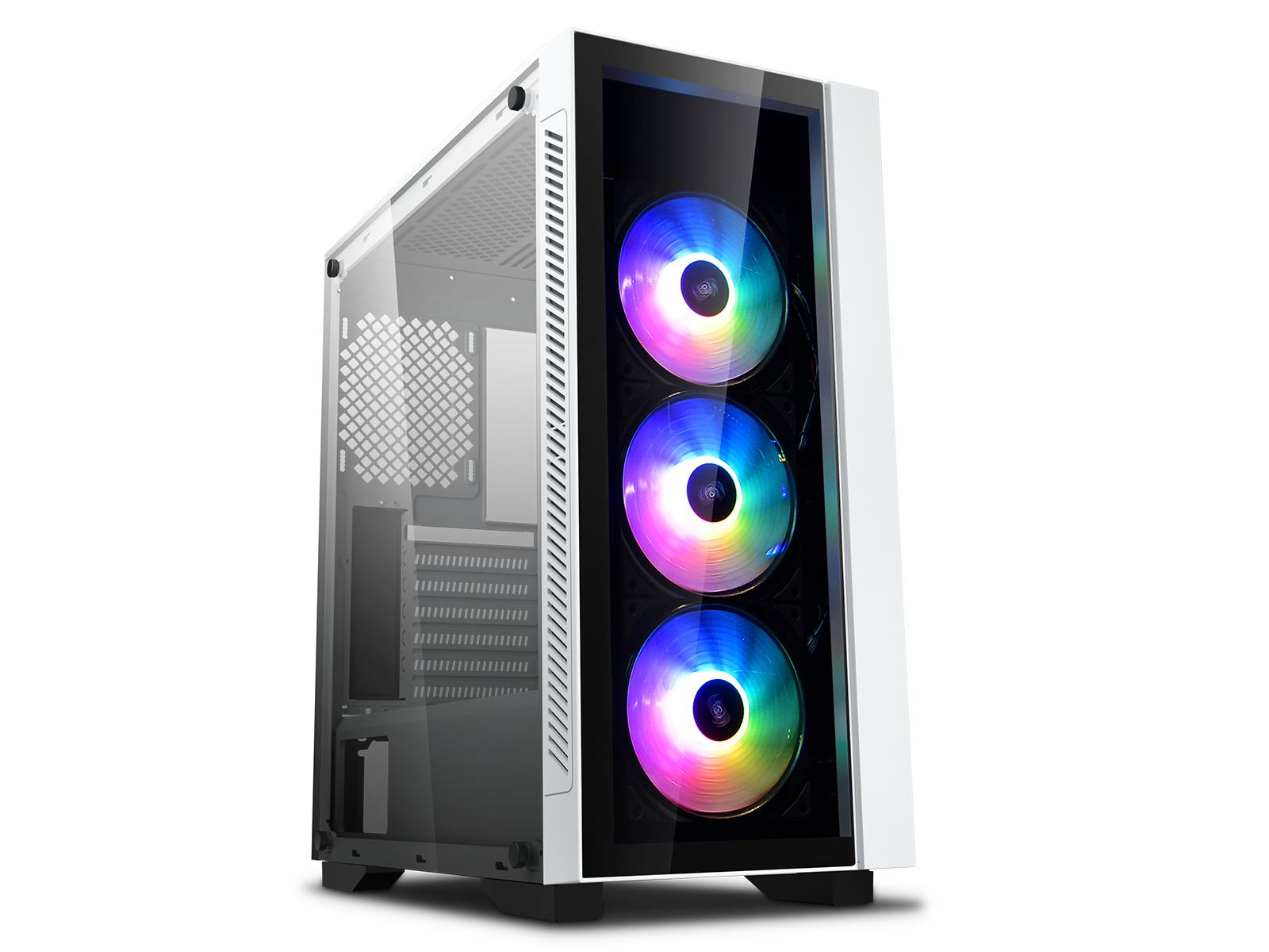 Weißes Computergehäuse mit transparentem Seitenteil und drei RGB-Lüftern.