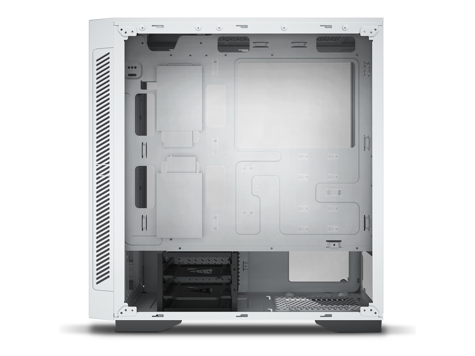 Das Innere eines weißen Computergehäuses. Das Gehäuse ist leer.