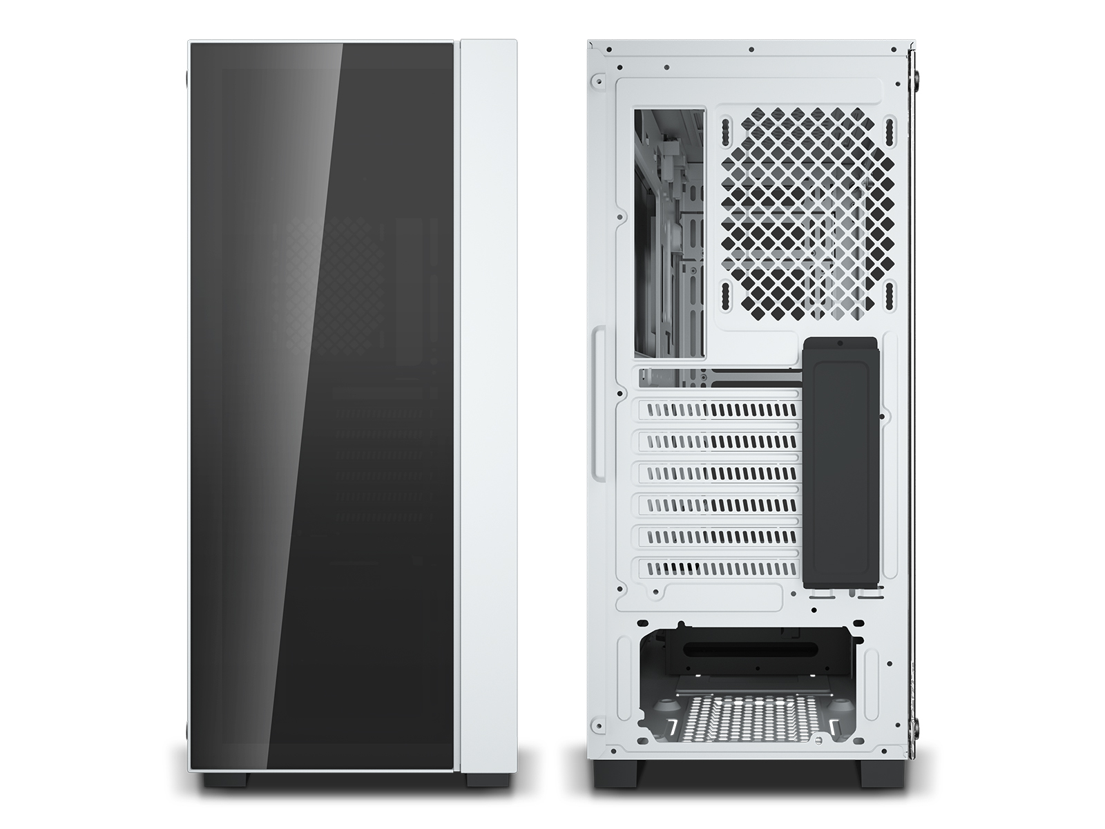 Ein weißes Computergehäuse mit einer Glas-Seitenwand, hinten offen. Es ist auf weißem Hintergrund.