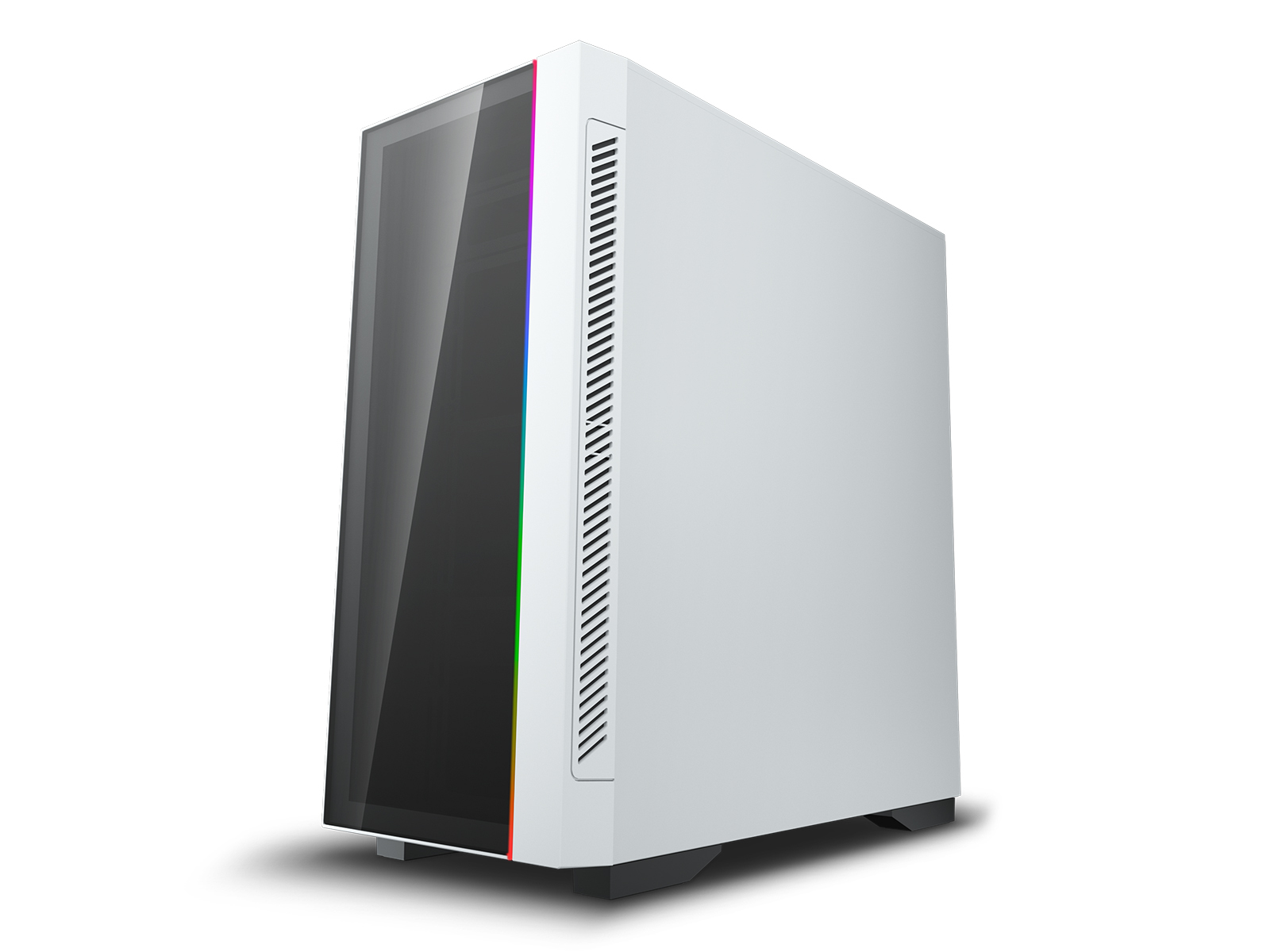 Weißes Computergehäuse. Seitenteil aus Glas mit RGB-Beleuchtung, schwarze Basis.
