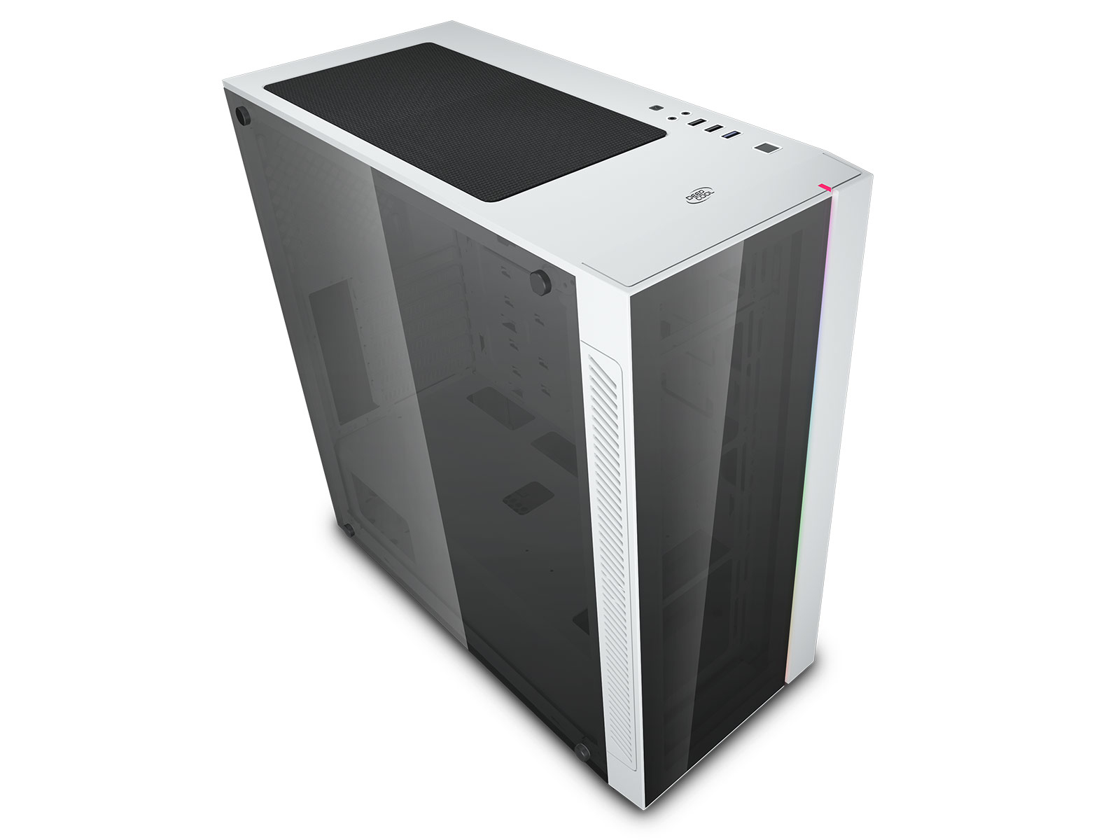 Ein weißes Computergehäuse mit einer Glasseitenwand. Das Gehäuse hat ein schlankes Design und steht auf weißem Grund.